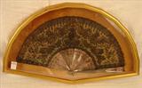 116 - Laced and mother of pearl fan in gold shadow box frame, 16in. T, 26in. W, ca. 1800.