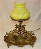 127 - Victorian brass double ink well desk lamp, 13inm. T.