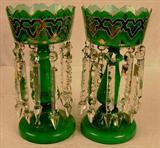 133 - Pair of green case glass lusters with gold paint, 13.5in. T.