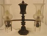 137 - Period organ double arm lamp signed Messenger and Sons., Birmingham for Boston, 17in. T.