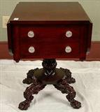 168 - Period Federal 2 drawer drop leaf work stand with carved pedestal.