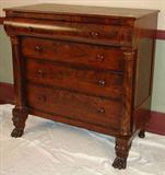408 - Four drawer empire chest with claw feet, 45in. T, 45in. W, 23in. D, ca. 1840.