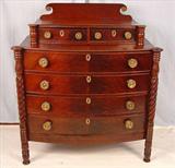 268 - Mahogany federal bow front chest with original  brass pulls, 6 drawers and twisted column front, 46in. T, 40in. W, 17in. D, ca. 1860.