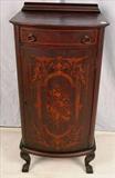 273 - Mahogany inlayed door music cabinet, claw feet, 42in. T, 21in. W, 17in. D, ca. 1890.