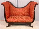 277 - Mahogany empire settee with tall arms, acanthus carved arms, 46in. T, 61in. W, 23in. D, ca. 1840.