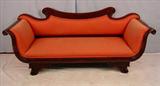 279 - Mahogany empire sofa with acanthus carved arms, orange upholstery, 35in. T, 80in. W, 24in. D, ca. 1880.