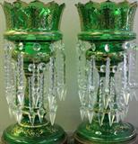 1131 -  Large pair of 19th century Gilt Enameled Green Lusters.