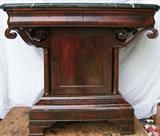 112 - Oversized 2 drawer period empire mint julep cabinet with black and gold marble, 37.5in. T, 44in. W, 22in. D.