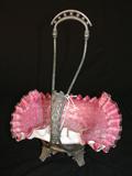 294 - Quilted with Silver Deposit Pink Brides Basket in Silver Plate Stand with Ruffled Edges 11 12 in. T. X 8 14 in. Dia., back view