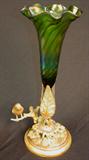 306 - Gilt Bronze Bird in Foliage with Dark Green Iridescent Swirl Trumpet 13in. T. X 7 in. (Trumpet Dia. 5 half in.)