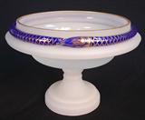 304 - Stueben Alabaster Footed Open Compote with Applied Cobalt Blue Snake 6in. T. X 9 & half, 12 in. Dia.