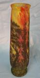 305 - Signed Daum Nancy Cameo Glass Vase with Black Trees and Fiery Yellow and Red Background and Green Foot 21in. T. X 5in. Dia.