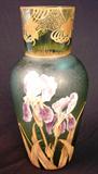 169 - Monte Joy Art Glass Vase Hand Painted with Enameled Irises and Gold Decoration 13 in. T. X 6 in. Dia.