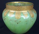 157 - Steuben Green Cluthra Art Glass Vase with Gold Decoration 6 in. T. X 7 in. Dia.