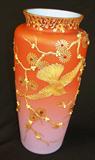 307 - Monumental Jeweled Royal Flemish Mount Washingtion Glass Co. Vase with Heavy Gold Enamel, Flowers, and Bird