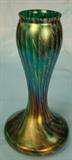 246 - Iridescent Teal Green Art Glass Vase with Vertical Red & White Feathered Striping 12 in. T. X 6  in. Dia.