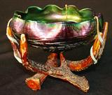 158 - Iridescent Dark Blue String Art Glass Ruffled Bowl Mounted in Natural Antler Base with Gilt Snake Attachments 5in. T. X 6in. Dia., close-up