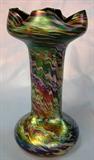 174 - Iridescent Art Glass Vase with Crimped Rim 11 in. T. X 5 in. Dia.
