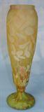 303 - Signed Daum Nancy Footed Cameo Art Glass Vase in Green to Amber Color with Foliage Design 13 78 in. T. X 3 78 in. Dia.