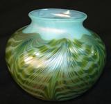 173 - Signed Loetz Austria Art Glass Vase Iridescent with Green and Blue Feather Design 5in. T. X 5 in. Dia.