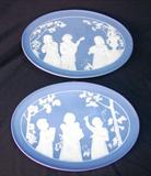 178 - Pair of Matching Blue and White Jasperware Wall Plaques with Chorus and Musicians (One has Damage) 11in. X 7in.