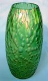 176 - Green Iridescent Signed Loetz Austria Art Glass Vase 10  in. T. X 4.5 in Dia.