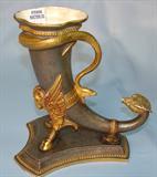 167 - Porcelain Flower Horn Art Vase Set in Hoofed Ram with Serpent Handle 7in. T. X 7 in.