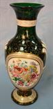 308 - Moser Style Milk Cut to Green Hand Painted and Gold Gilt Memorial Portrait Vase with Applied Porcelain Plaque 13 12 in. T. X 5 12 in. Dia.
