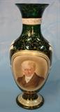 308 - Moser Style Milk Cut to Green Hand Painted and Gold Gilt Memorial Portrait Vase with Applied Porcelain Plaque 13 12 in. T. X 5 12 in. Dia.