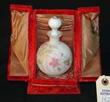 182 - Satin Glass Enamel Decorated Perfume bottle in Original Victorian Box 5in. T. X 3 in. Dia.