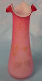 181- Pink Satin Art Glass Vase with Gold Enamel Floral Decoration and Ruffled Rim 10in. T. X  4in. Dia.