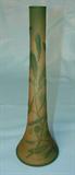 190 - Signed Moser Karlsbad Green and Amber Cameo Art Glass Vase with Leaf & Berry Design and Embossed M.K. 12 in. T. X 3 in. Dia.