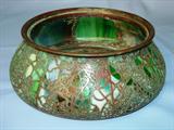 275 - Tiffany Green with Bronze Organic Casing Grapevine Art Glass Center Bowl 4 in. T. X 10in. Dia.