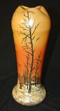 229 - Legras Hand Painted Enamel Decorated Art Glass Vase with Orange, Yellow, and Earth Tones and Winter Forest Scene 10.5 in. T. X 4