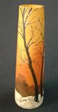 230 - Legras Hand Painted Enamel Decorated Art Glass Vase with Orange, Yellow, and Earth Tones and Winter Forest Scene 8in. T. X 3in. Dia.