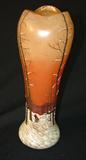 228 - Legras Hand Painted Enamel Decorated Art Glass Vase with Orange, Yellow, and Earth Tones and Winter Forest Scene, 13in. T. X 4in. Dia.