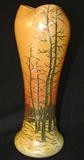 309 - Legras Hand Painted Enamel Decorated Art Glass Vase with Orange, Yellow, and Earth Tones and Winter Forest Scene 8in. T. X 3in. Dia.