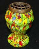 192 - Czechoslovakia End-of -Day Style Multicolor Art Glass Vase with Metal Frog 5in. T. X 3in. Dia.