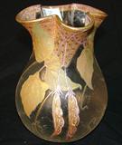224 - Signed Mont Joye Art Glass Vase with Raised Enamel Leaves and Pods and Ruffled Top 8 in. T. X 5in. Dia.
