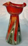 312 - Iridescent Ruby and Blue and White Opalescent Vase with Ruffled Top 13 in. T. X 7 in. Dia.