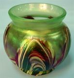 194 - Green and Lavender Art Glass Vase with Feathered Design 3 in. T. X 3in. Dia.