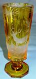 195 - Amber Footed Bavarian Cut Crystal Art Glass Vase with Deer in Forest Design 8 in. T. X 3in. Dia.
