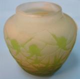 197 - Green Galle Cameo Art Glass Vase with Green Thistile Design 2.5in. T. X 2.5in. Dia.