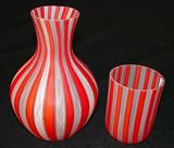 210 - Venetian Art Glass Water Carafe and Tumbler with Red and White Candy Stripes