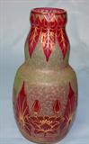 211 - Signed E. Bourgeois Deboise Cranberry Cameo French Art Glass Vase with Embossed Gold Floral Decoration 9.5 in. T. X 5 in. Dia.