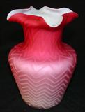 214 - Pink Cased Satin Glass Art Glass Vase Fluted with Crimped Rim (Chip on Shoulder) 5.5 in. T. X 4 in. Dia.