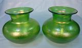 219 - Matching Pair of Iridescent Green Tiffany Per Clyde Gardner Art Glass Vases with Iridescent Blue Rims 7 in. T. X 7.5  in. Dia.