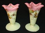 216 - Matching Pair of Peach Blow Burmese Glass Vases with Oak Leaves & Acorns Design 4 in. T. X 2.5 in. Dia.