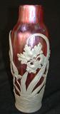 235 - Art Nouveau Amethyst Iridescent Art Glass Vase Set in Vanhauten Silver Plate Casing with Floral Design 11.5 in. T. X 3.5 in. Dia.