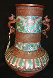 233 - Chinese Bronze and Champleve Metal with Enameled Decoration Vase with Oriental Design and Applied Dragon Double-Handles 11.5 in. T. X 8 in. Dia.

